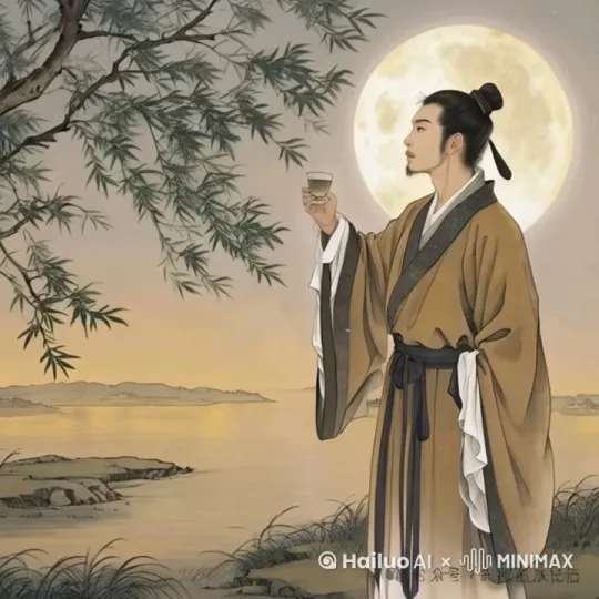 图中的古代男子，正抬头向上凝视着沉思，表情略微有点沉重，边慢慢举起手中的酒杯，口中在吟诵着诗词。清风吹拂，旁边的树木、小草自然随风轻轻摆动，身子随着动作自然微晃动。画质清晰，动作流畅，镜头逐渐拉远。 by Hailuo AI Video Generator