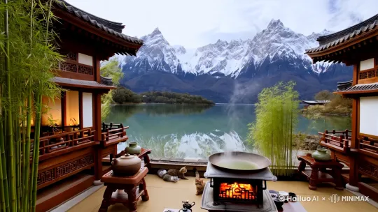 我想生成一个围炉煮茶的院子 院子下面有湖 对面还有雪山。院子里面有竹子 还有一些猫咪 by Hailuo AI Video Generator