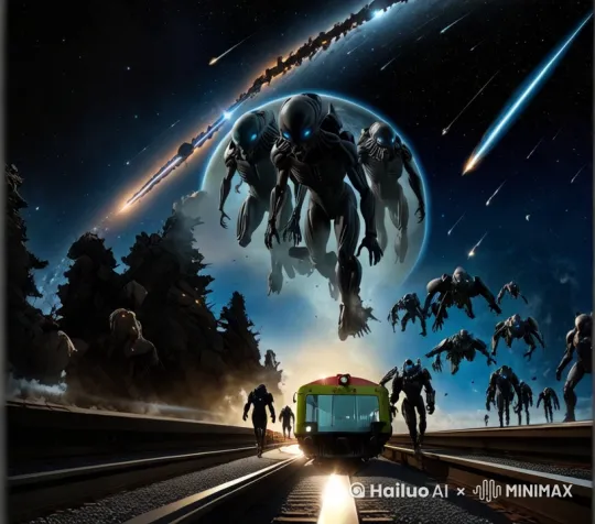 "科幻未来主义,动态追踪镜头下高速行驶的星际列车,车体流动光轨与星空流星雨形成光迹交织,多个发光外星人在旋转星云背景下优雅悬浮,异星岩石地貌间穿插未来城市剪影,广角镜头展现复杂机械轨道结构,动态粒子特效与能量波动环绕场景,霓虹光污染风格搭配暗色调星云,电影级动态模糊与60fps流畅动画,超现实星际旅行场景,8K超清细节渲染" by Hailuo AI Video Generator
