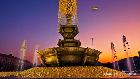 **基础场景**：现代城市广场中央，超现实的黄金喷泉装置  
**主体描述**：  
- 一座高8米的巴洛克风格青铜喷泉，喷射出成千上万个不同尺寸的金元宝（小如硬币，大如行李箱）  
- 元宝表面雕刻传统吉祥纹样，边缘散发微弱金光，喷射时呈现慢动作液态金属质感  
**动态细节**：  
- 主水柱：直径2米的黄金水柱冲破天际，元宝以螺旋轨迹上升至20米高空后爆炸式散落  
- 副水柱：6组环绕喷口交替喷射元宝雨，部分元宝碰撞时迸发金色火花特效  
**光影氛围**：  
- 傍晚5点的魔幻时刻，橙紫色晚霞与喷泉自带的金色辉光交融  
- 地面元宝堆积成山，反射出流动的液态金属光泽，部分元宝悬浮离地30cm缓慢旋转  
**镜头语言**：  
1. 开场：无人机低空45°环绕镜头，从喷泉底座螺旋上升捕捉元宝喷射轨迹[1,5](@ref)  
2. 特写：慢镜头展示单个元宝脱离水柱瞬间的形态变化（液态→固态）[3](@ref)  
3. 全景：广角镜头俯拍元宝雨笼罩整个广场，远处摩天楼玻璃幕墙映出金色反光[4](@ref)  
**技术参数**：  
- 画质：8K超清｜电影级动态模糊｜HDR渲染  
- 风格：超现实主义摄影｜赛博朋克元素｜中国风细节[6](@ref)  
- 时长：12秒（可分段生成后剪辑）  
**负面提示词**：  
动画风格｜低画质｜人物出现｜文字标识｜扭曲变形｜塑料质感[3,5](@ref)
 by Hailuo AI Video Generator