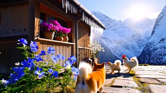 【油画质感版】
在巍峨雪山的环抱中，一座原木色的小院静静伫立。斑驳的木篱笆爬满蓝紫色龙胆花，石板路缝隙间冒出丛丛蒲公英。橘色柴犬幼崽正追逐三只绒球般的芦花鸡，惊起的花瓣与雪山折射的晨光共舞。屋檐下垂着冰棱，但窗台上盛放的高山杜鹃却将春意染红了粗陶花盆，炊烟在冷冽空气中画出柔和的弧线。[推进,上升] by Hailuo AI Video Generator