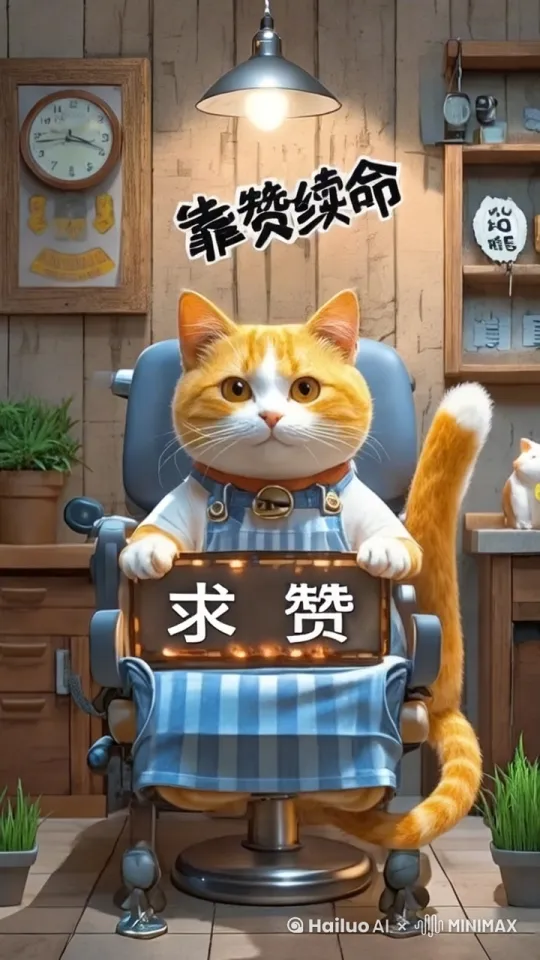 尾巴每隔1秒拍打一次海报，在灯牌文字处添加呼吸灯效。眼神示意看灯牌。 by Hailuo AI Video Generator