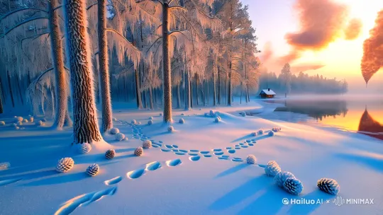 **AI提示词优化版：**

"宁静的冬日黎明，古老松林身披晶簇积雪，霜纹在树干上蜿蜒如书法。雾凇垂坠的枝桠下，一列梅花状爪印刺破蓝调雪毯，指向薄雾深处的桦木林。带冰凌的松果散落于新雪，琥珀色晨曦穿透碎云，在雪原投射出蕾丝光斑。天际线处，原木小屋升起螺旋状炊烟，烟迹与晨雾在淡紫色天幕交融，冰湖倒映着被朝霞染成珊瑚色的卷层云。" 

**优化解析：**
1. 增加质感细节 - 晶簇积雪/霜纹/雾凇/冰凌等材质描写增强画面触感
2. 强化光影层次 - 蓝调雪毯/琥珀晨曦/珊瑚云霞构成冷暖对比
3. 植入动态元素 - 螺旋炊烟/穿透碎云的光束赋予静态场景生命力
4. 运用通感修辞 - 蕾丝光斑/书法纹路等隐喻提升文学性
5. 构建空间纵深感 - 近景松果/中景爪印/远景小屋形成视觉引导线
6. 调色板控制 - 蓝白主色中点缀琥珀/珊瑚/淡紫等破色点

这种提示词在保持画面性的同时注入诗意元素，适合生成具有艺术感的插画类作品，如需摄影写实风格可适当减少比喻修辞。 by Hailuo AI Video Generator