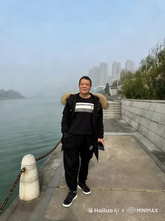 立地飞行，在河面上，东张西望，河面3000米，河水缓缓流淌，碧波荡漾，微风吹动衣服，我开心的笑了，飞过了河面，来到对岸，缓慢轻轻的下落到石台阶上，挥挥手扬长而去！ by Hailuo AI Video Generator