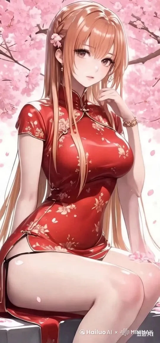 风吹起的樱花花瓣在天上飞舞，女孩低下头半开着眼，右手按着被风吹起的秀发[左移,右摇,跟随] by Hailuo AI Video Generator