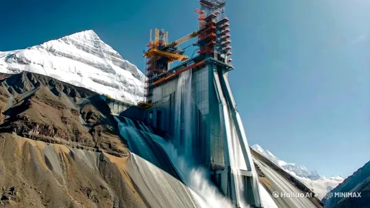 中国在珠穆朗玛峰建设世界第一大水电站成功竣工，宏大壮观场景，放水运行，一切正常，天空俯瞰气势磅礴。 by Hailuo AI Video Generator