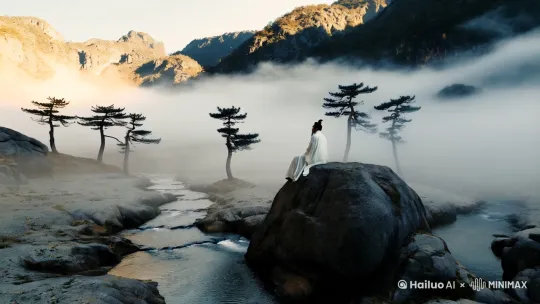 Ancient Chinese mountains, winding mountain stream disappearing into rocks , misty valley , sparse pine trees , lone traveler sitting on a boulder , flowing white robes , ink-wash texture , soft sunlight through clouds , ethereal atmosphere ，Chinese ink painting style , ultra-detailed , soft brushstrokes , mist diffusion , 8K resolution, cinematic lighting , Zen minimalism 。 by Hailuo AI Video Generator