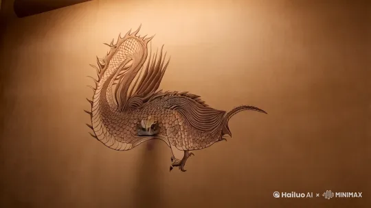 静止墙壁上的龙图案，眼睛一睁开，通过演变化作真龙飞出墙壁[左移,推进,右摇] by Hailuo AI Video Generator