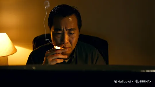 中景镜头，一个坐在电脑前的亚洲中年男性，一遍抽着烟一边玩着电脑游戏，突然屋顶漏水，整个房间都是瓢泼大雨，镜头轻轻后拉。 by Hailuo AI Video Generator