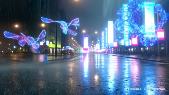 [开场]雨夜街道闪烁全息广告（手机泼水模拟反光）  
[台词]"您有新的脑机接口订单"（AI机械声）  
[反转]骑手摘下头盔露出机械眼："这单送往火星基地"  
[高潮]保温箱弹开瞬间发出蓝光（手机闪光灯+滤镜特效）   by Hailuo AI Video Generator