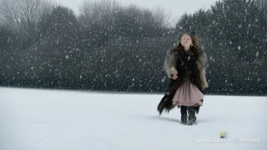 大雪纷飞的早上，一个裹着狼皮的漂亮女孩艰难的在厚厚的雪地上行走着[左移,推进,右摇] by Hailuo AI Video Generator