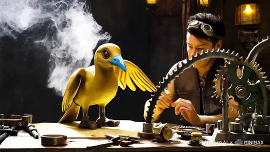 主角身穿复古皮革背心与护目镜，坐在充满齿轮与蒸汽管道的工坊中。背景是桌上散落的工具与半完成的机械鸟模型，蒸汽缓缓从管道中冒出，整体画面充满怀旧与未来交织的冲突感。 by Hailuo AI Video Generator