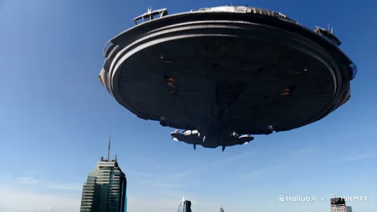 外星战舰入侵地球，在城市上空攻击大厦，用激光武器[拉远,下降,下摇]把大厦大厦打爆了，火光冲天，场面震撼 by Hailuo AI Video Generator