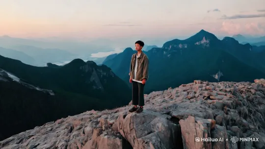 我还年轻，我渴望人在旅途，一个中国年轻人踌躇满志的站在山巅，眺望远方，仿佛看到了不远的未来 by Hailuo AI Video Generator