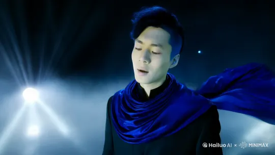 深蓝色外翘短发，佩戴标志性蓝色围巾，低音磁性且略带沙哑的声线，演唱风格融合成熟与忧郁，常以冷色调舞台营造沧桑氛围的虚拟歌手 by Hailuo AI Video Generator