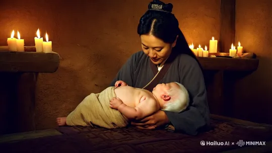 人物：老子和他母亲
年纪：刚出生
时间：东周末年
形象：老子刚出生白白胖胖，头发白色 by Hailuo AI Video Generator