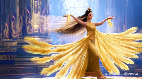美丽飘逸的东方好运女财神抛撒金币，穿着金色羽衣，仙气飘飘，长发飞场 by Hailuo AI Video Generator
