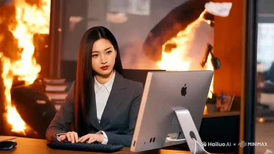 镜头从一张办公桌前缓缓上升，拍摄到办公桌上电脑后方的人，人身后的办公室内内正在燃烧着熊熊大火，一些废纸在屋内飘动。随着镜头移动，摄像机聚焦于电脑前的人，可以看见人后方虚化的房屋中的火焰，坐在电脑前的人面部被电脑的屏幕光照亮，表情自然，面带微笑地敲击键盘，和后方的混乱形成对比。 by Hailuo AI Video Generator