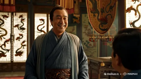 中景镜头，自然光，稍显昏暗，主体1：（一个中年男人，穿着古代长袍，面带微笑）正在向朋友们夸耀自己对龙的热爱，背景是古代书房，装饰有龙图案的屏风和挂画，电影效果，4K，细节丰富，镜头静止。 by Hailuo AI Video Generator