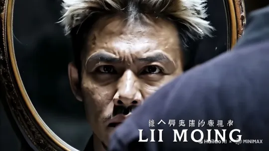  特写镜头，一面圆镜中李明的影像旁，逐渐浮现出一个陌生人，面无表情、眼神空洞，脸色苍白，服装款式普通但颜色灰暗。 by Hailuo AI Video Generator