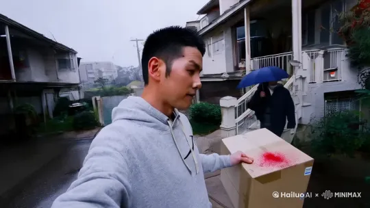 "阴雨天的老旧公寓门口，30岁亚洲男性穿着灰色卫衣签收包裹，快递员低头快速离开，包裹侧面有红色指纹痕迹，监控镜头视角，冷青色调，电影感光影"
 by Hailuo AI Video Generator