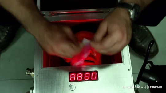 颤抖的手特写撕开胶带，俯拍视角的盒内红光映亮男人惊恐的脸，银色金属盒底闪烁红色倒计时数字，汗珠从下巴滴落，背景有微弱滴答声效 by Hailuo AI Video Generator