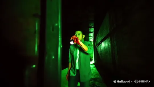 "夜视镜头效果的废弃仓库走廊，男人握着手电筒撞开铁门，绿光画面中突然出现满墙自己的照片，中间用血字写着欢迎来到游戏，动态模糊处理的手部特写"
 by Hailuo AI Video Generator