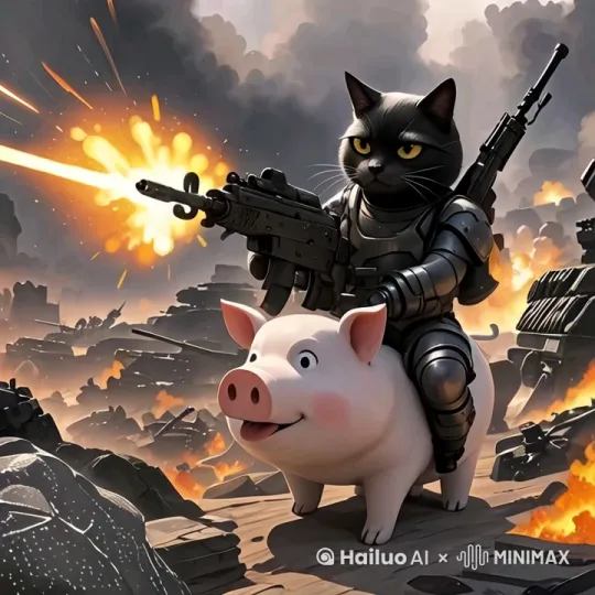 让图片中的黑猫开枪射击，大白猪一步一步向前跑，黑猫跟随大白猪移动 by Hailuo AI Video Generator