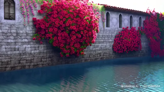 清澈的湖泊边有座鲜花盛开的小院子。墙上爬满了红玫瑰 by Hailuo AI Video Generator