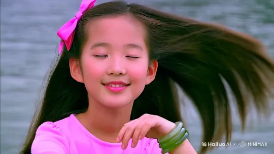 让女孩的发丝随风轻轻摆动,发间的粉色蝴蝶结也跟着微微晃动。她的眼眸偶尔轻轻眨动,眼神中透着灵动与温柔,嘴角保持着淡淡的笑意,似在浅浅回应着什么。手腕上的玉镯随着手部轻微变换姿势而小幅度转动,这样能让画面自然又迷人。 by Hailuo AI Video Generator