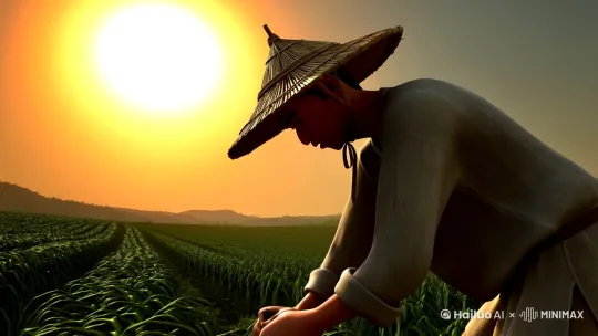 图片风格为3D动画，烈日高悬，如同一个巨大的火球，散发着刺眼的光芒。一位农民头戴斗笠，身着粗布麻衣，弯着腰在田间辛勤锄地。比例9: by Hailuo AI Video Generator