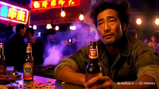 环境：夏夜喧闹的中国西北大排档，背景布满烧烤摊的烟火气与霓虹灯招牌，远处隐约传来人群谈笑声与碰杯声。
Environment: A bustling night market in northwestern China, filled with smoky barbecue stalls and neon signs. Distant chatter and clinking glasses echo in the background.
时间与光线：傍晚7点，橙紫色晚霞与暖黄色白炽灯交织，桌上散落着空酒瓶、花生壳和竹签。
Time & Lighting: 7 PM, warm orange-purple sunset blends with incandescent bulbs. Empty beer bottles, peanut shells, and skewers litter the table.
 
人物与动作 (Character & Actions)
主体人物：一名约35岁的亚洲男性，穿着褪色工装夹克，袖口卷起，露出结实的小臂；脸部略带胡茬，眼神放松中透着一丝疲惫。
Main Character: A 35-year-old Asian man in a faded work jacket, sleeves rolled up to reveal strong forearms. Stubbled face with relaxed yet weary eyes.
核心动作：
举杯瞬间：右手握乌苏啤酒瓶仰头猛灌，喉结滚动，瓶身冷凝水滴落至桌面。
Action 1: Gulping beer from a bottle, condensation dripping onto the table.
微表情特写：放下酒瓶后眯眼咧嘴，用手背抹去嘴角酒沫，短暂望向远处霓虹灯，眼神恍惚。
Action 2: Squinting and wiping mouth, gazing blankly at neon lights.
环境互动：左手无意识地捏扁空易拉罐，脚边蹲着一只流浪狗等待投喂。
Action 3: Crushing an empty can while a stray dog waits nearby.
 
动态与氛围 (Dynamics & Atmosphere)
细节动态：
烟雾从烧烤架飘向镜头，模糊前景又逐渐消散。
Smoke drifts from grill, blurring the foreground.
风吹动人物额前碎发，衣领微微颤动。
Wind ruffles hair and collar.
声音提示（供AI参考）：夜市嘈杂声渐弱，突出啤酒倒入杯中的气泡声与吞咽声。
Sound Cues: Fading market noise, emphasized by beer bubbles and gulping.
 
视觉风格 (Visual Style)
镜头语言：采用中近景跟踪镜头，模拟手持摄影的轻微晃动感，突出人物与酒瓶的质感。
Camera: Medium close-up with handheld shake effect, focusing on texture.
色调与质感：
暖黄主色调对比霓虹冷光，酒瓶玻璃折射环境光斑。
Warm tones contrast with neon; bottle reflects light.
人物皮肤略带油光，啤酒泡沫溢出瓶口的慢镜头特写。
Slow-motion foam overflow and glistening skin.
 
附加提示 (Additional Notes)
品牌元素：乌苏啤酒瓶标签清晰可见（红绿撞色设计），桌角有“夺命大乌苏”字样包装箱。
Branding: Visible Uso Beer label with "Deadly Uso" text on a crate.
隐喻细节：背景中一对情侣欢笑碰杯（虚焦），与主角的孤独感形成对比。
Metaphor: Blurred couple toasting in the background contrasts with solitude. by Hailuo AI Video Generator
