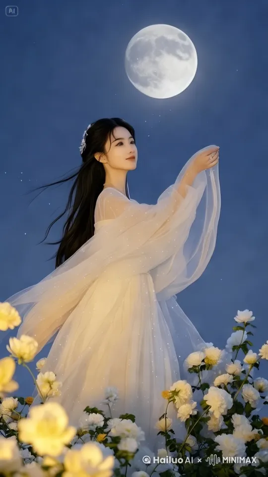 微风拂袖，美女的发丝也随风飘动，她缓缓放下胳膊，慢慢转头，给脸部，对着镜头微笑，周围环境动起来 by Hailuo AI Video Generator