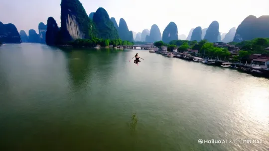 一段超速pov镜头，摄像机疾驰穿越桂林山水中的水面上，镜头紧紧跟着一个在空中飞行的穿着黑色抹胸装，黑丝袜，红色高跟鞋的中国女子的背后，她的身体前倾展开双臂，风吹动她的头发和衣服，她的双腿施展轻功，以超音速向前飞行。 by Hailuo AI Video Generator