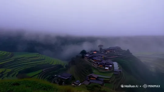 龙脊梯田序章：苏醒
    晨雾中村寨的剪影→公鸡啼鸣→推开木窗的吱呀声→第一缕阳光洒向梯田。  低空贴行水面，反射天空与山峦的倒影。 by Hailuo AI Video Generator