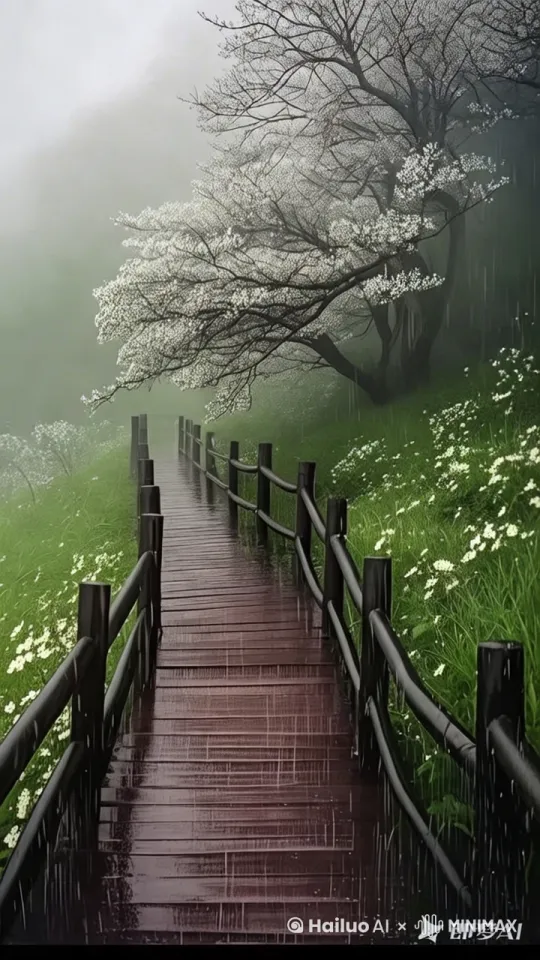 细雨飘落，打湿了林间的木栈道。两旁繁花与翠草簇拥，朦胧雾气中，那棵开满白花的树静静伫立 。此刻漫步于此，仿若走进了诗画中的梦境。镜头慢慢的向前方推进 by Hailuo AI Video Generator