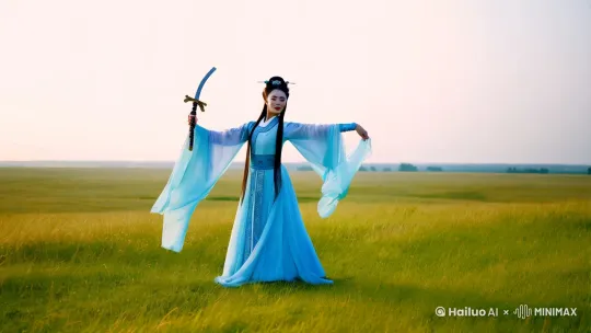 一个美女身穿汉服，一手拿着大关刀在大草原上深情地跳舞，柔美的灯光打在她身上，优雅而美好，镜头逐渐推进，聚焦于她的汉服上 by Hailuo AI Video Generator