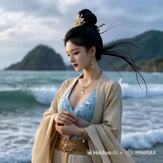 [跟随]海浪翻涌，美女张开双臂，要求自然流畅，符合逻辑 by Hailuo AI Video Generator