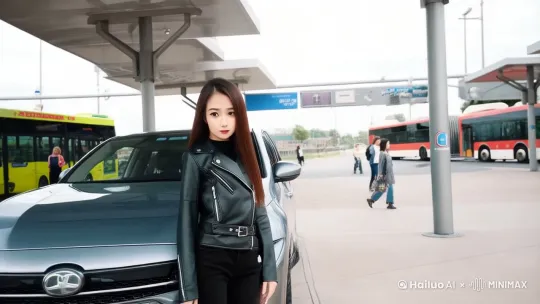 一个身穿一身黑色机车皮衣的长发女孩站在汽车站台上做车模，他的造型动作很优雅，镜头会经常给到脸部特写 by Hailuo AI Video Generator
