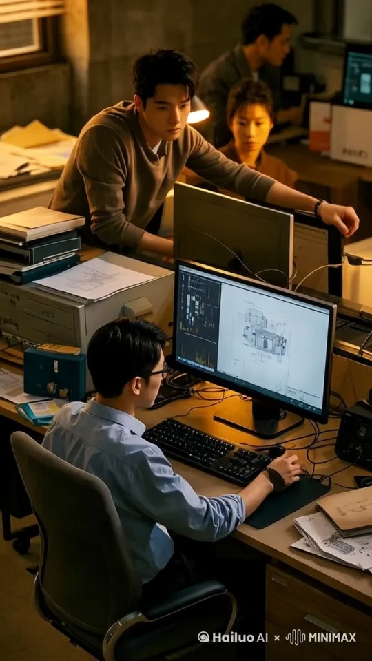 办公室里，同事们都在忙碌工作，小李却对着电脑屏幕发呆，屏幕上是各种奇怪的机械设计图，推镜头，从办公室全景慢慢推至小李的电脑屏幕 by Hailuo AI Video Generator