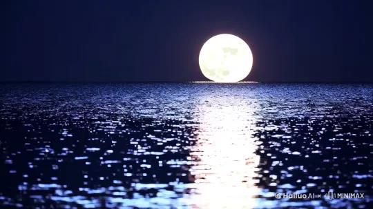 一轮明月在平静的湖面升起，倒影荡漾在水面。一只野鸟从远处飞来，落在湖面 by Hailuo AI Video Generator
