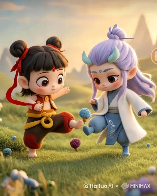 在阳光明媚的草地上，Q版羊毛毡魔童哪吒和Q版羊毛毡敖丙正愉快地玩着踢毽子的游戏。哪吒轻盈地将毽子踢向敖丙。毽子在空中划出一道优美的弧线，带着旋转的风声飞向敖丙。

敖丙神情从容，目光专注。他微微一笑，身体微微后仰，右脚轻轻一抬，毽子便如同被一股柔和的力量托起，稳稳地飞回哪吒的方向。他的动作优雅而流畅，仿佛与周围的自然融为一体，展现出一种与生俱来的高贵气质。

哪吒见状，眼中闪过一丝兴奋，迅速调整姿势，准备迎接毽子的回传。两人你来我往，毽子在空中飞舞，仿佛成为了他们之间默契的纽带，传递着友谊与欢乐。周围的草地随着微风轻轻摇曳，仿佛也在为这场愉快的游戏喝彩。 by Hailuo AI Video Generator