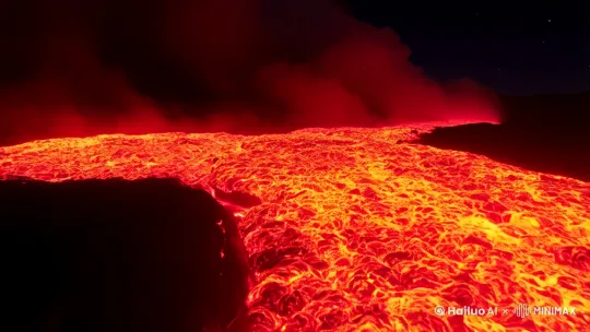 **开场**：夜喷瞬间，赤红岩浆流在漆黑玄武岩地表勾勒出地狱绘图。
   - **镜头运动**：近距离捕捉岩浆流动的细节，镜头缓缓上升至火山口全景。
   - **特效**：加入慢动作捕捉岩浆喷发，蒸汽柱在月光下折射虹彩。
   - **转场**：镜头拉远，展现整个火山全景，渐变为星空下的火山烟云。[右移,左摇,跟随] by Hailuo AI Video Generator