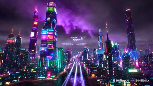 Ultra-wide drone view of cyberpunk megacity at night, towering neon skyscrapers with holographic advertisements, dense smog layer glowing with purple ambient light, hundreds of LED-lit drones forming attack formation, rain streaks reflecting city lights, cinematic 8K, Unreal Engine render, --ar 16:9 --v 6.0 by Hailuo AI Video Generator