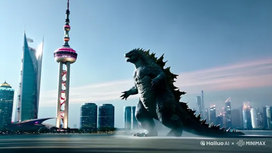 哥斯拉行走在上海东方明珠塔前 by Hailuo AI Video Generator