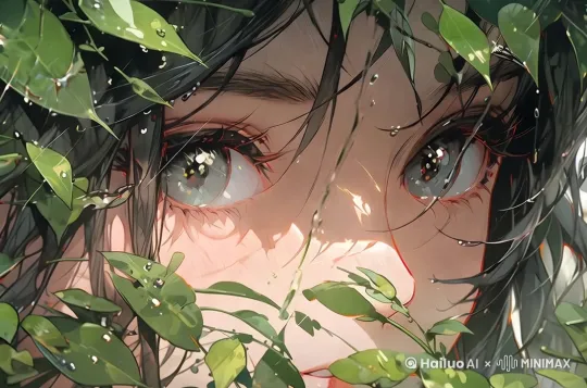 [固定镜头]绿叶飘动，女孩的头发飘动，女孩眨眼 by Hailuo AI Video Generator