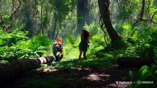 一个美女在荒野被一只猛虎在追杀 by Hailuo AI Video Generator