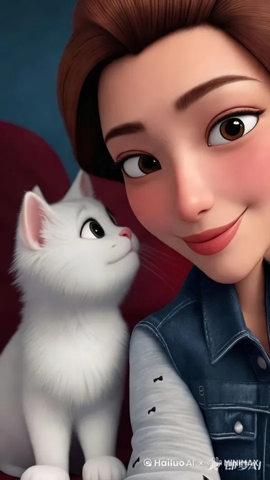 [左移,右摇,跟随]小猫亲了亲美女，美女露出满足的微笑 by Hailuo AI Video Generator