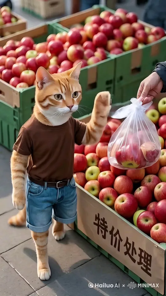 橘猫用两只爪子接过一袋苹果转身离开了。 by Hailuo AI Video Generator