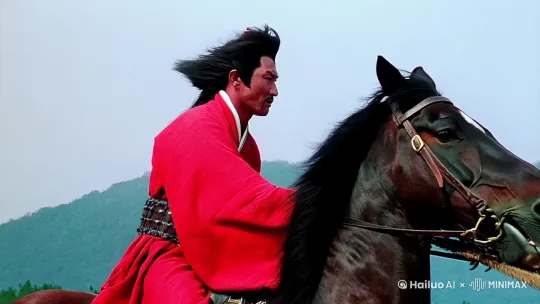 一位身着鲜艳红衣的将军，身姿矫健地飞身上马，旋即扬鞭策马，骏马四蹄生风，狂奔疾驰，马蹄踏处扬起层层尘土。特写镜头着重刻画将军坚毅的侧脸，其头发与衣袂随风烈烈扬起。骏马则以矫健的身姿全力飞奔，肌肉线条清晰可见。以动态模糊的画面呈现沿途山川、树木迅速向后掠去的场景，营造出强烈的速度感与紧张氛围，画面整体风格充满动感与张力，色彩以红衣为主色调，凸显其醒目与果敢，兼具壮美与豪迈之感。 by Hailuo AI Video Generator
